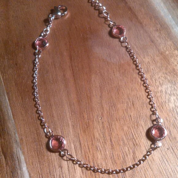 Beveled Pink Glass Ion Plated Rose Gold Stainless Steel Station Bracelet - Picture 3 of 10